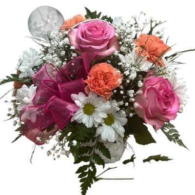 Pink roses and white daisies in a basket with a pink ribbon