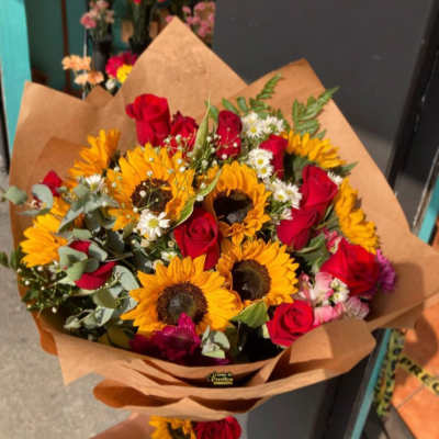 24 Red Roses and Sunflowers in a wrapped bouquet