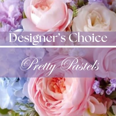 Pastel pink and lavender flowers with the words "Designer’s Choice" and "Pretty Pastels"