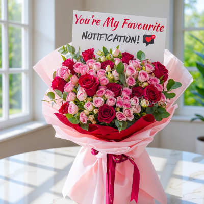 Bouquet of pink and red roses with a greeting card