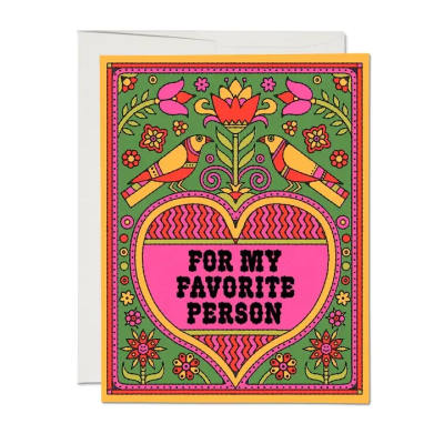 Bright greeting card with heart, birds, and folk-style flowers reading "For My Favorite Person"