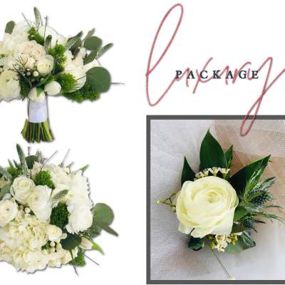 White rose bouquet and matching boutonniere with green accents