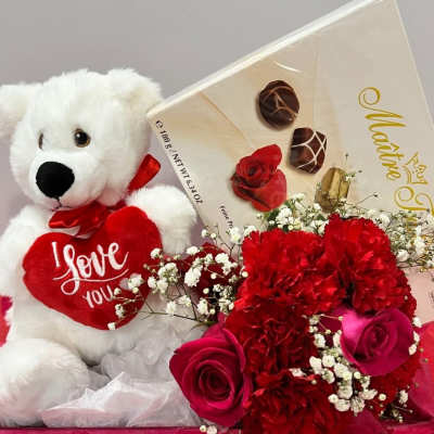 Flowers, Teddy Bear and Chocolate