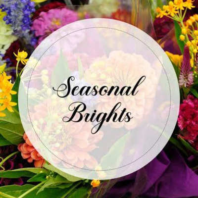 Seasonal Brights text over a colorful flower bouquet