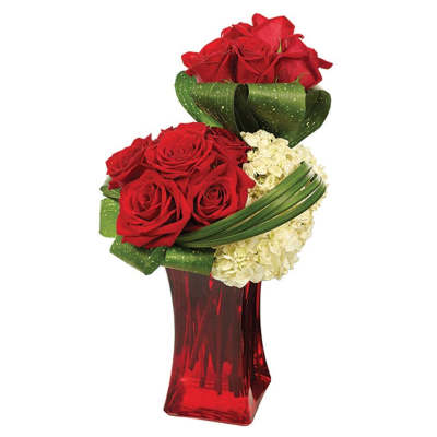 Red roses and white hydrangeas in a red glass vase