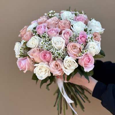 Hand-tied bouquet of pink and white roses with small white filler flowers