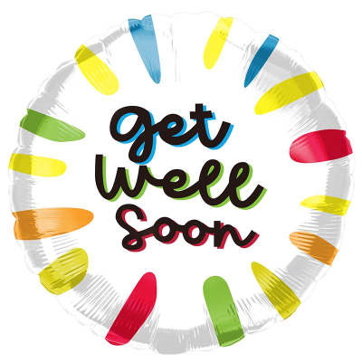 Round foil balloon with "get well soon" text and colorful accents