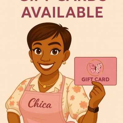 Illustrated woman holding a pink gift card with text above and below