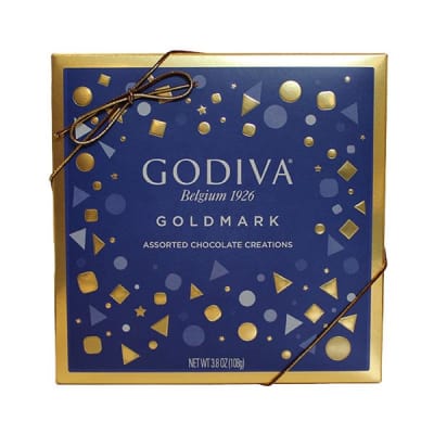 Box of Godiva assorted chocolates with a gold ribbon