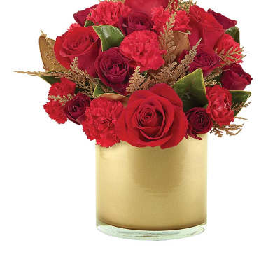Red roses and carnations in a gold vase