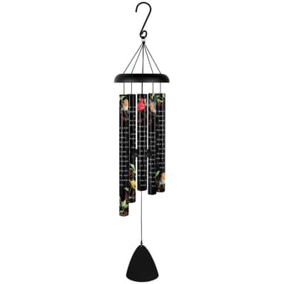 Black metal wind chime with colorful bird illustrations and white script text.