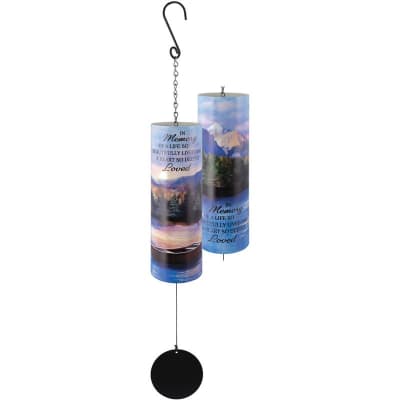 Memorial wind chime with scenic landscape design and printed remembrance text