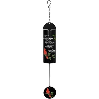 Black metal wind chime with red cardinal art and white memorial text on a hanging chain