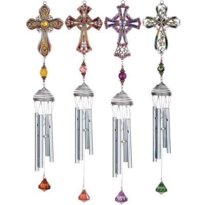 Set of four jeweled cross wind chimes with silver tubes and colored crystal accents