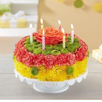 BIRTHDAY WISHES FLOWER CAKE- YELLOW
