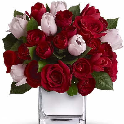 Red and pale pink roses arranged in a clear glass vase