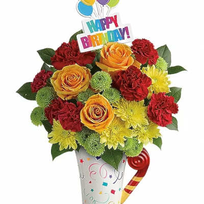 Birthday bouquet in a decorated cup with roses, carnations, and balloons