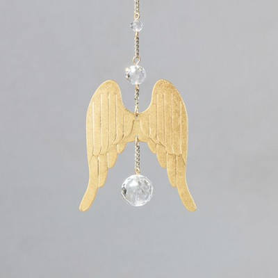 Gold angel wing hanging ornament with clear crystal beads on a chain