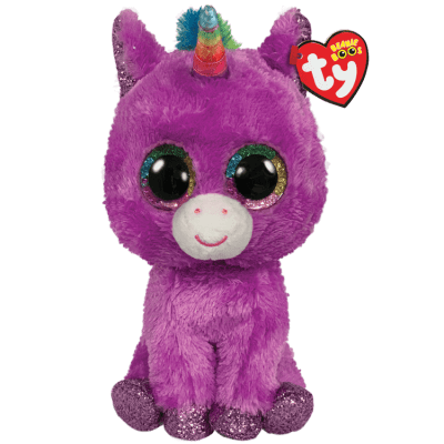 Purple plush unicorn with large glittery eyes, rainbow horn, and sparkly hooves sitting upright.