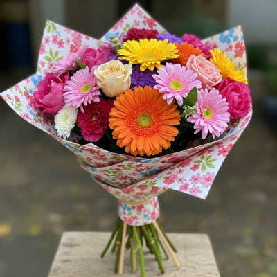 Colorful bouquet of gerbera daisies, roses, and carnations in floral wrap