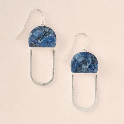 Pair of silver drop earrings with blue stone semicircles on a pale background