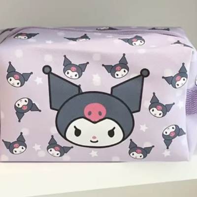 Lavender zip pouch with a cartoon character print and side strap