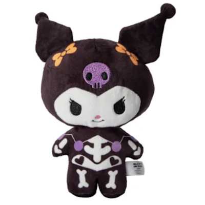 Plush character toy in dark purple and white with skull and bone details
