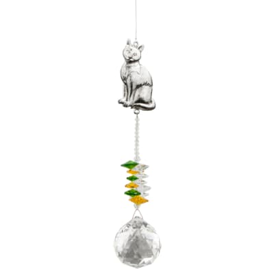 Hanging cat suncatcher with silver cat charm, colored crystal beads, and clear faceted crystal ball.