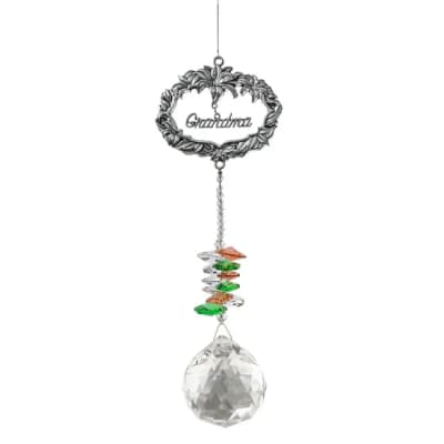Hanging Grandma metal ornament with multicolor crystal beads and a faceted crystal ball.