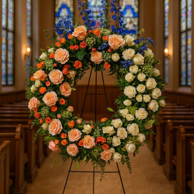 Large floral wreath on a stand in a church aisle