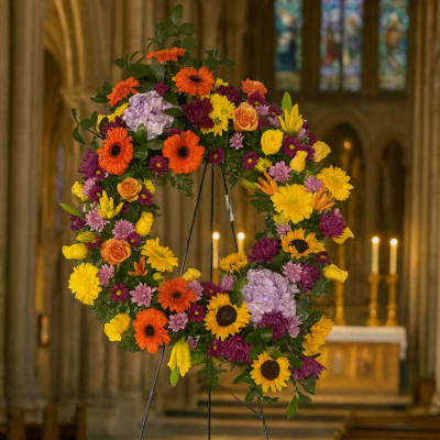 Colorful floral wreath on a stand inside a church