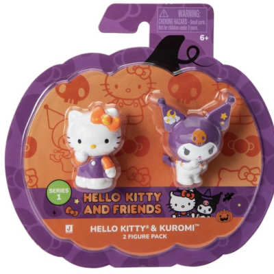Packaged Hello Kitty and Kuromi figurines in a purple Halloween-themed box