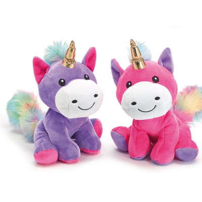 Pair of plush unicorn toys, one purple and one pink, with gold horns and rainbow tails.