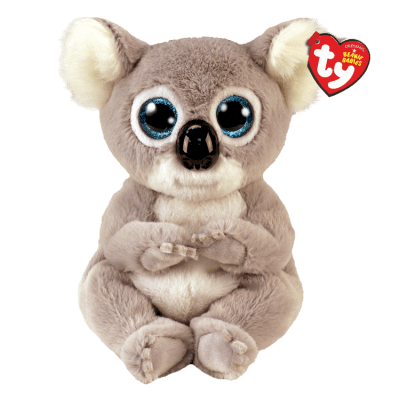 Gray koala plush toy with large blue glitter eyes and a red heart-shaped Ty tag on its ear