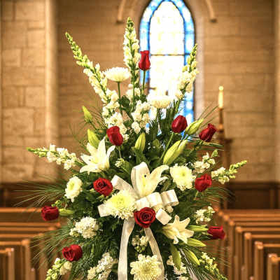 Standing funeral spray with red roses and white lilies on an easel