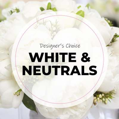 White floral arrangement with a "White & Neutrals" label over it