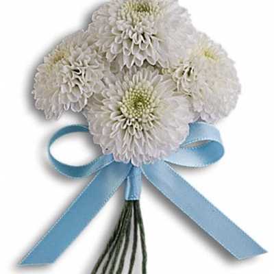 White chrysanthemum bouquet tied with a blue ribbon