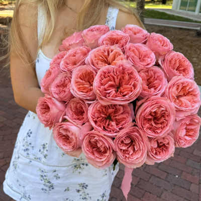 Large bouquet of pink roses held by a person outdoors