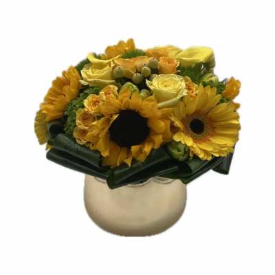 Yellow flower bouquet in a beige vase
