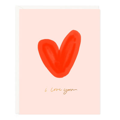 Pale pink greeting card with a bold red heart and the words i love you.