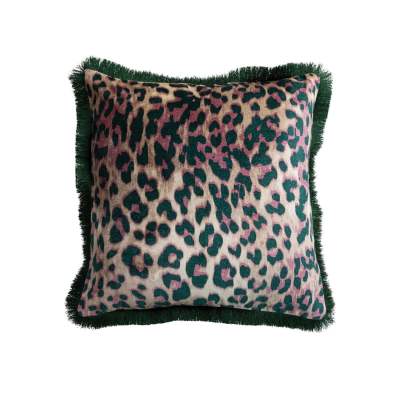 20" Square Cotton Velvet Pillow with Leopard Print Pattern & Tufted Fringe