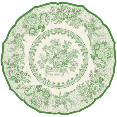 Round cream plate with green floral and bird pattern and scalloped edge