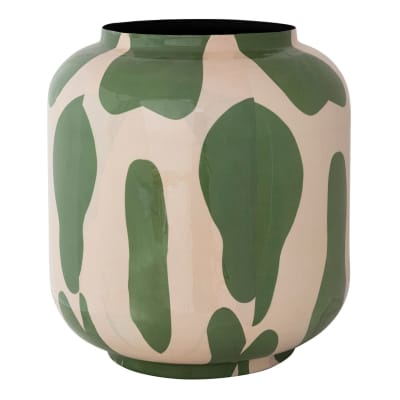 Enameled Metal Vase with Abstract Design, Green & Ivory Color
