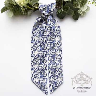 D Stevens taffeta acanthus scroll chinoiserie sash, royal blue white