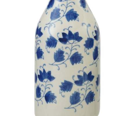 Ceramic bottle with blue vine pattern and metal pour spout with white cap