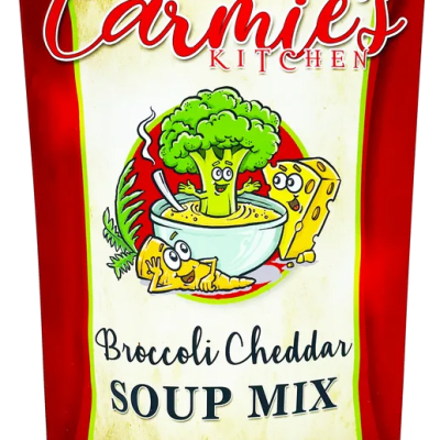 Red pouch of Carmie’s Kitchen Broccoli Cheddar Soup Mix with cartoon broccoli and cheese.