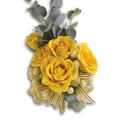 Yellow rose bouquet with eucalyptus and ribbon accents