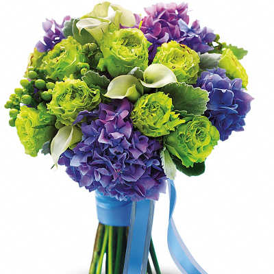 Bouquet of green and purple flowers with blue ribbon