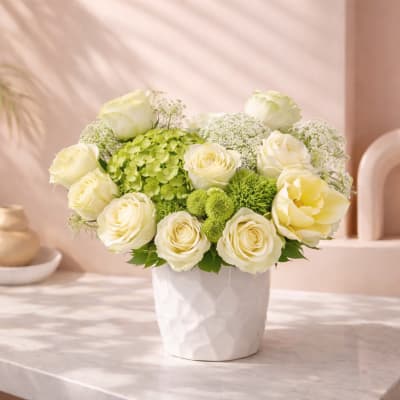 Elegant White Rose Arrangement with green elements