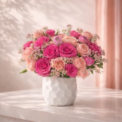 Compact pink and peach rose arrangement in a white textured ceramic vase on a light surface